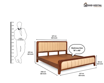 Sheesham Wood Bed with Upholstered Head Board & Foot Board, Solid Wood in Natural Finish, Modern Design | Single Bed - Mattress - (78"x48") | Without Mattress & Side Tables | Low Highted | DQ - 4 - N