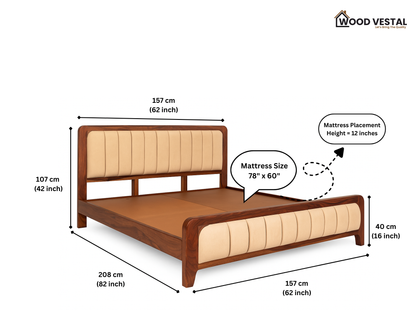Sheesham Wood Bed with Upholstered Head Board & Foot Board, Solid Wood in Natural Finish, Modern Design | Queen Size - (78"x60") | Without Mattress & Side Tables | Low Highted | DQ - 5 - N