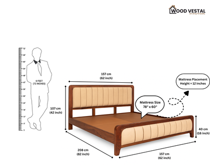 Sheesham Wood Bed with Upholstered Head Board & Foot Board, Solid Wood in Natural Finish, Modern Design | Queen Size - (78"x60") | Without Mattress & Side Tables | Low Highted | DQ - 5 - N