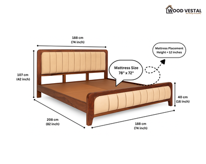 Sheesham Wood Bed with Upholstered Head Board & Foot Board, Solid Wood in Natural Finish, Modern Design | King Size - (78"x72") | Without Mattress & Side Tables | Low Highted | DQ - 6 - N
