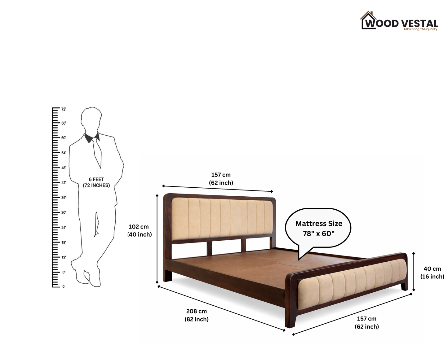 Wood Vestal Sheesham Wood Bed with Upholstered Head & Foot, Solid Wood, Modern Design | Queen Size - (78"x60") | Without Mattress & Side Tables | Low Highted | WS - DQ - 5' | Walnut Finish