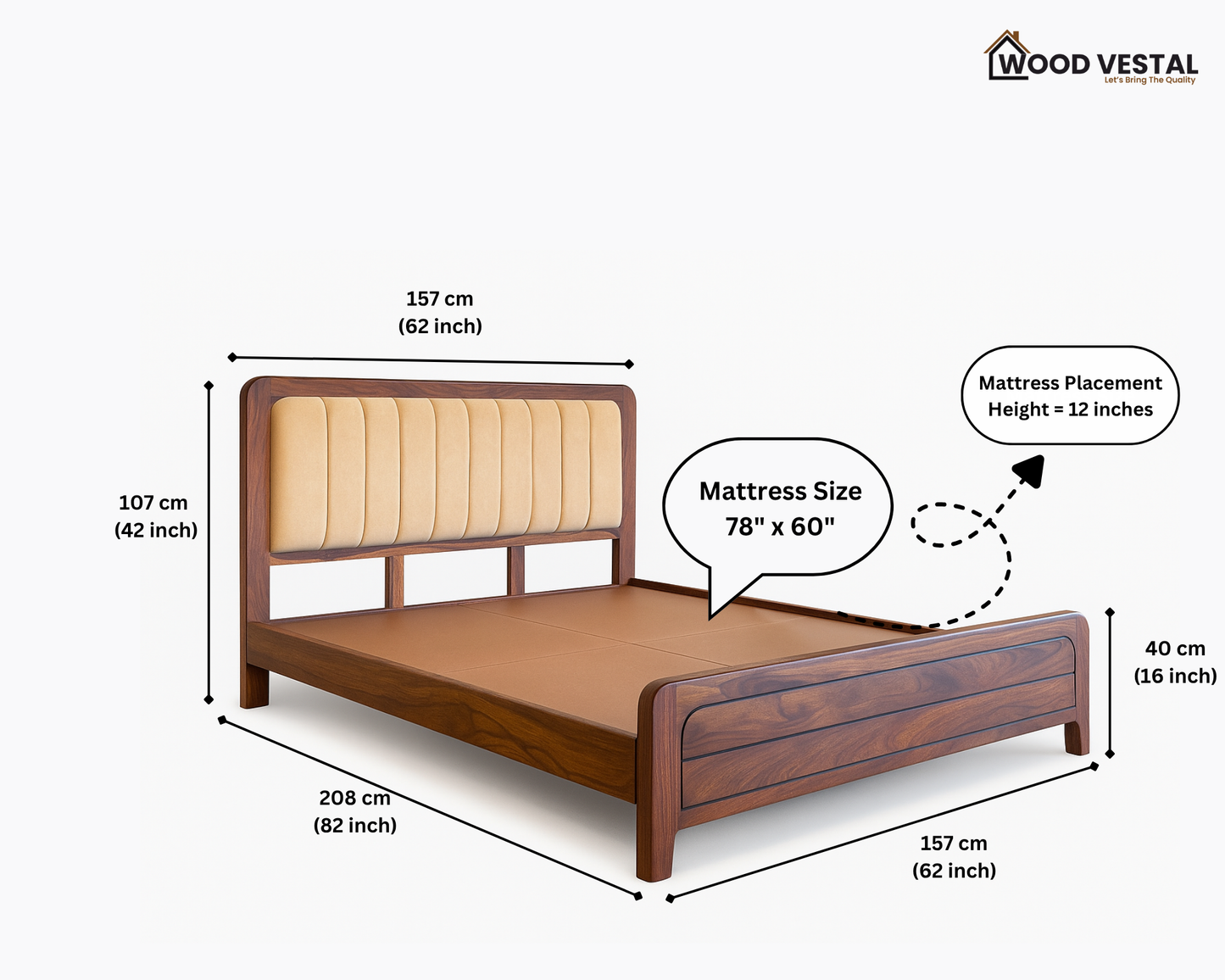 Wood Vestal Sheesham Wood Bed with Upholstered Head & Horizontal Foot, Solid Wood in Natural Finish, Modern Design | Queen Size - (78"x60") | Without Mattress & Side Tables | Low Hight | WS - QHG - 5 - N