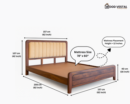Wood Vestal Sheesham Wood Bed with Upholstered Head & Horizontal Foot, Solid Wood in Natural Finish, Modern Design | Queen Size - (78"x60") | Without Mattress & Side Tables | Low Hight | WS - QHG - 5 - N