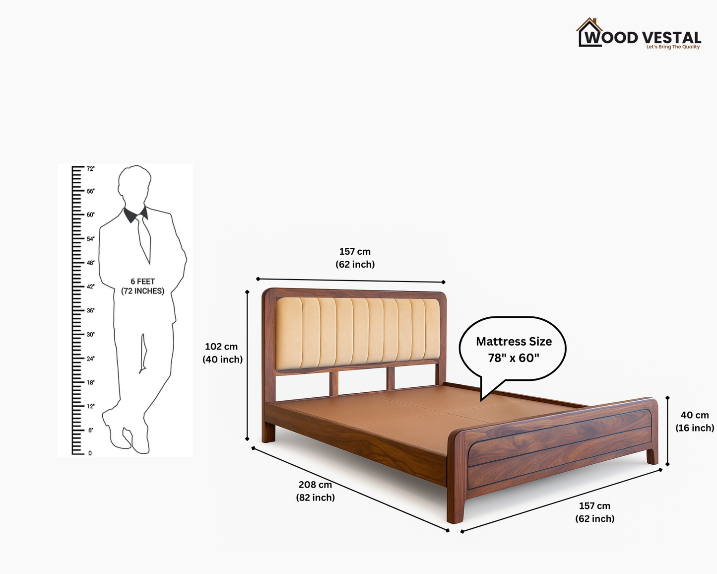 Wood Vestal Sheesham Wood Bed with Upholstered Head & Horizontal Foot, Solid Wood in Natural Finish, Modern Design | Queen Size - (78"x60") | Without Mattress & Side Tables | Low Hight | WS - QHG - 5'