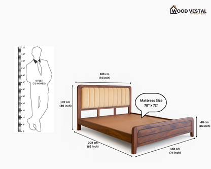 Wood Vestal Sheesham Wood Bed with Upholstered Head & Horizontal Foot, Solid Wood in Natural Finish, Modern Design | King Size - 78"x72" | Without Mattress & Side Tables | Low Hight | WS - QHG - 6'