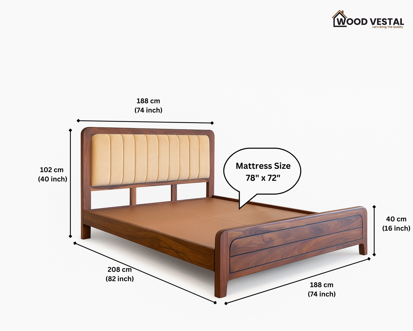 Wood Vestal Sheesham Wood Bed with Upholstered Head & Horizontal Foot, Solid Wood in Natural Finish, Modern Design | King Size - 78"x72" | Without Mattress & Side Tables | Low Hight | WS - QHG - 6'