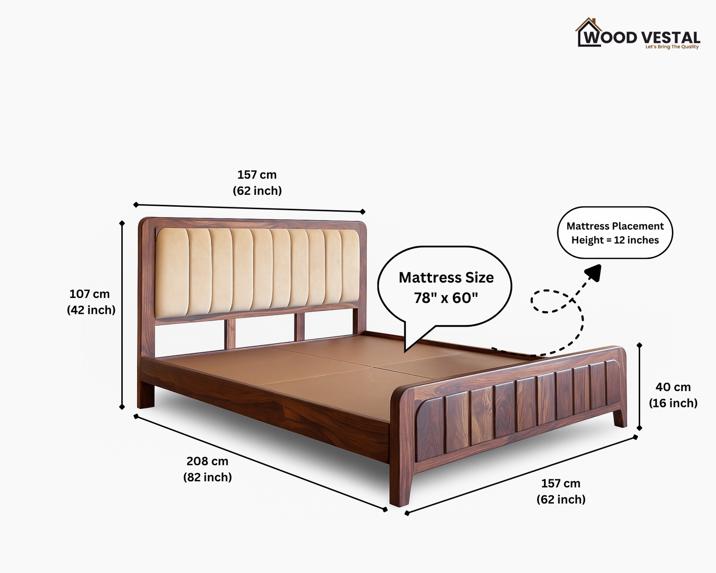 Wood Vestal Sheesham Wood Bed with Upholstered Head & Vertical Slat Foot, Solid Wood in Natural Finish, Modern Design | Queen Size - (78"x60") Without Mattress & Side Tables | Low Hight | WS - QVG - 5'