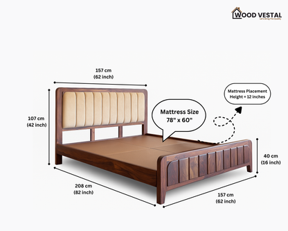 Wood Vestal Sheesham Wood Bed with Upholstered Head & Vertical Slat Foot, Solid Wood in Natural Finish, Modern Design | Queen Size - (78"x60") Without Mattress & Side Tables | Low Hight | WS - QVG - 5'