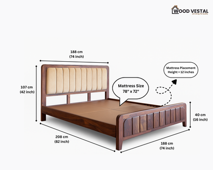 Wood Vestal Sheesham Wood Bed with Upholstered Head & Vertical Slat Foot, Solid Wood in Natural Finish, Modern Design | King Size - (78"x72") Without Mattress & Side Tables | Low Hight | WS - QVG - 6 - N