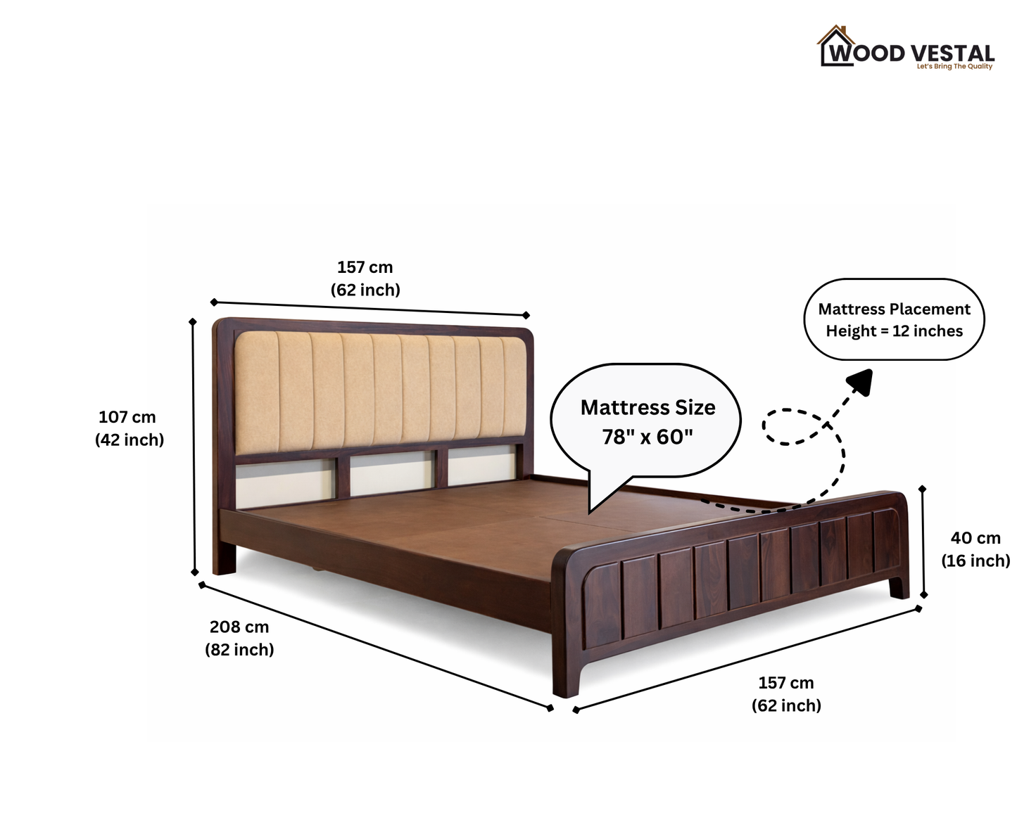 Wood Vestal Sheesham Wood Bed with Upholstered Head & Vertical Slat Foot, Solid Wood in Natural Finish, Modern Design | Queen Size - (78"x60") Without Mattress & Side Tables | Low Hight | WS - QVG - 5 - D