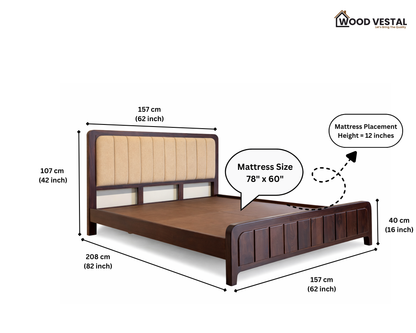 Wood Vestal Sheesham Wood Bed with Upholstered Head & Vertical Slat Foot, Solid Wood in Natural Finish, Modern Design | Queen Size - (78"x60") Without Mattress & Side Tables | Low Hight | WS - QVG - 5 - D