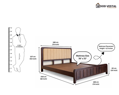 Wood Vestal Sheesham Wood Bed with Upholstered Head & Vertical Slat Foot, Solid Wood in Natural Finish, Modern Design | King Size - (78"x72") Without Mattress & Side Tables | Low Hight | WS - QVG - 6 - D