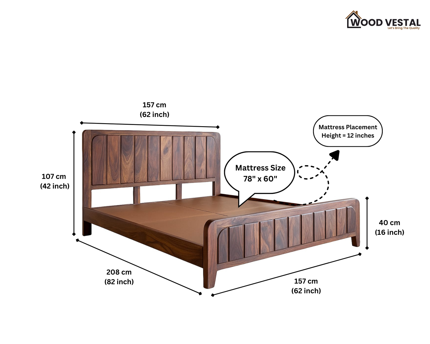 Wood Vestal Sheesham Wood Bed with Vertical Slat Head & Foot , Solid Wood in Natural Finish, Modern Design | Queen Size - (78"x60") | Without Mattress & Side Tables | Low Highted | WS - VG - 5'
